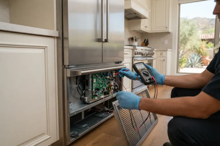 Technician testing the control board of a built-in refrigerator