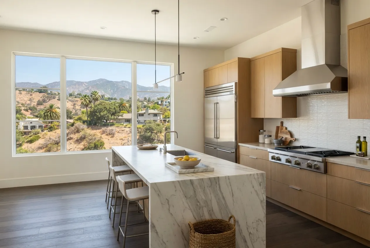 Modern kitchen with a built-in stainless refrigerator and a professional-style range